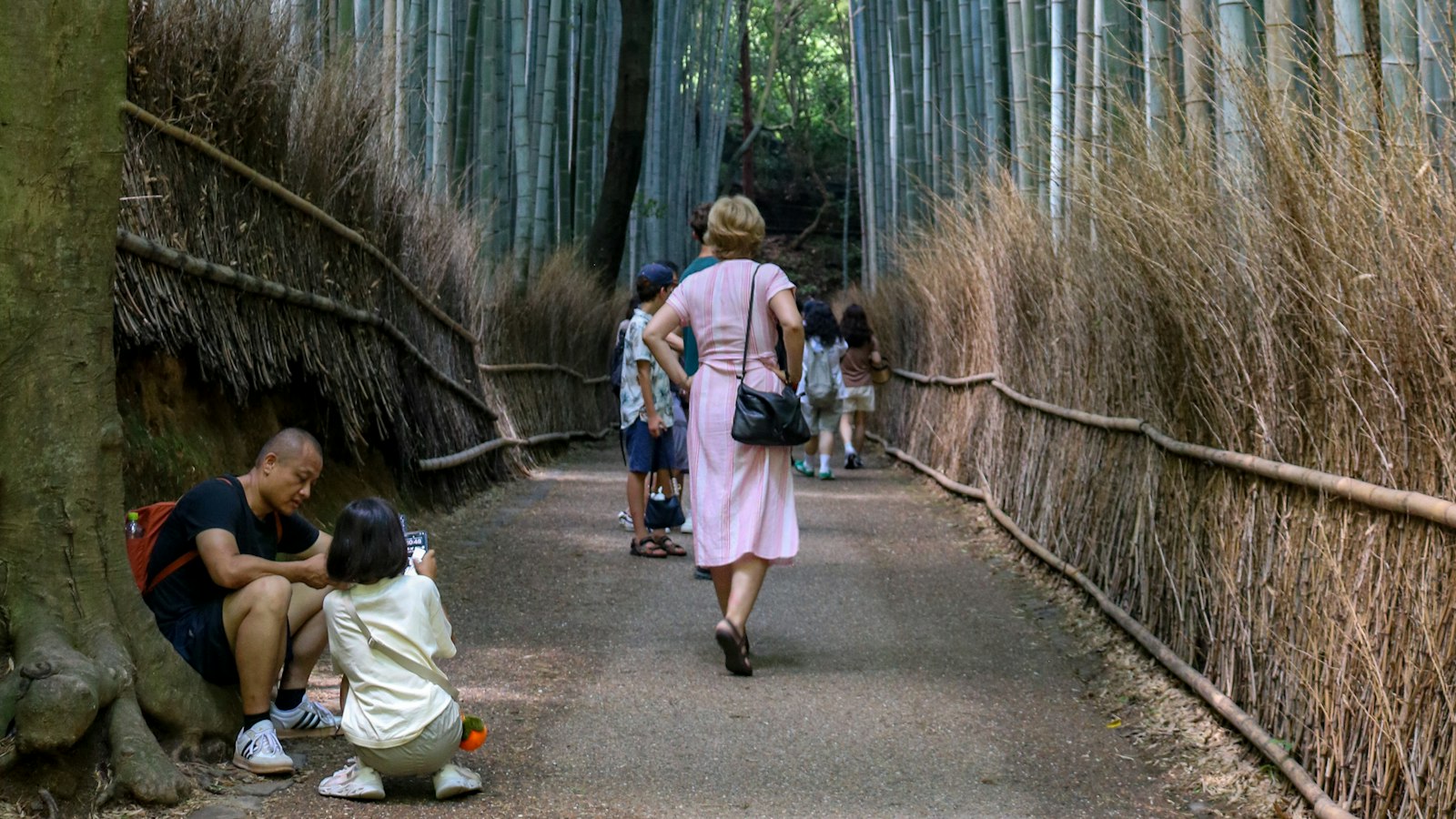 Visitors walking the path through the Arashiyama bamboo grove